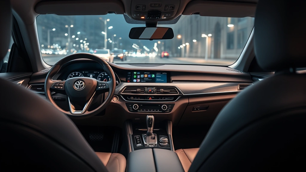 Professional interior shot of premium sedan dashboard, leather steering wheel, modern touchscreen infotainment display, ambient lighting, comfortable driver seat, clean minimalist design