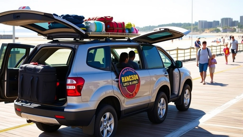 Three-row family SUV loaded with luggage on roof rack, parked at beach boardwalk, open rear hatch showing cargo space, families visible in background, sunny day, candid lifestyle photography
