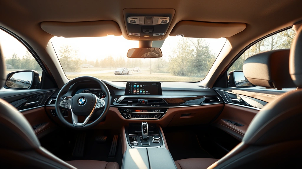 BMW 7 Series interior showcasing curved dashboard display, premium leather seats, ambient lighting, modern minimalist design, natural daylight through windows