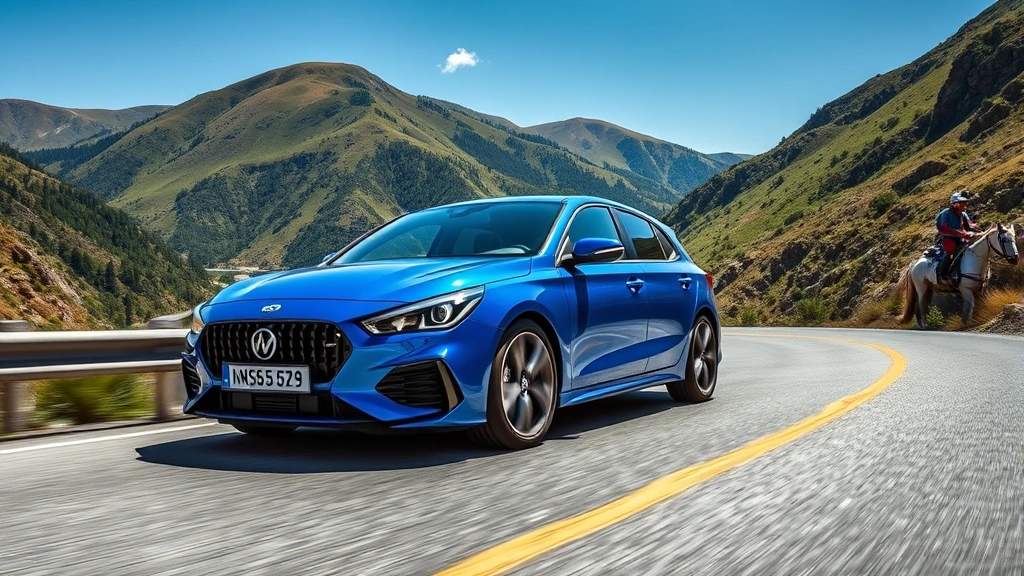 Bright blue mid-size sedan on winding mountain road with scenic landscape, dynamic angle showing road hugging capability, clear skies, professional automotive lifestyle photography with emphasis on handling and performance