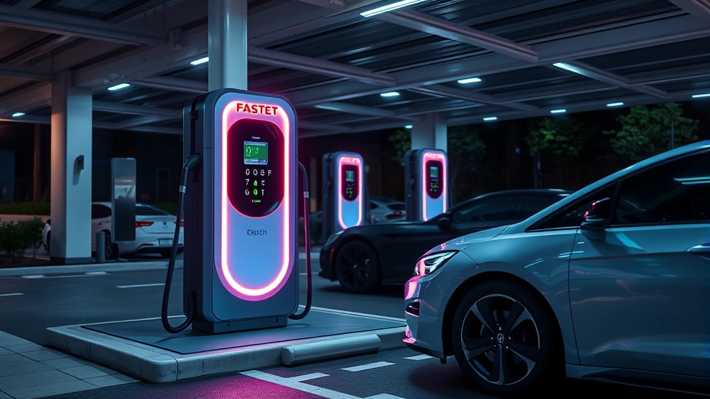 Modern electric vehicle charging at fast-charging station with LED indicators, contemporary infrastructure, clean composition