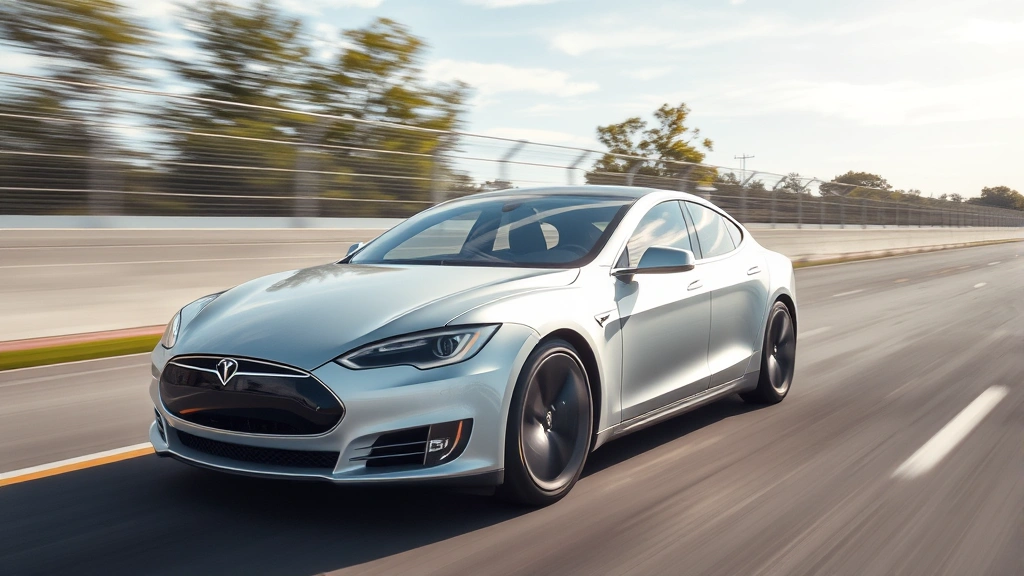 Tesla Model S Plaid silver electric sedan performing acceleration on empty track, dynamic motion blur background, high-performance vehicle showcase, professional photography