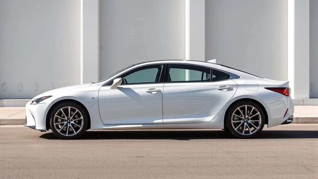 Lexus LS 500h hybrid sedan in pearl white, elegant side profile view showcasing full-size luxury proportions, smooth lines and sophisticated design, premium automotive aesthetic, daylight photography