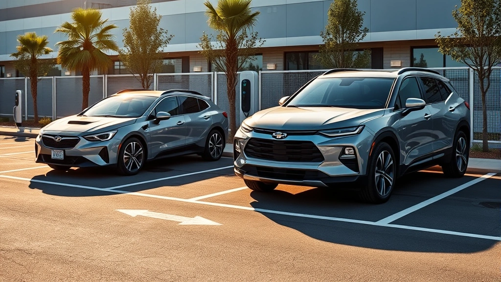 BMW i4 and Chevrolet Blazer EV parked side-by-side on modern charging lot, morning sunlight, sleek contemporary design, professional automotive photography
