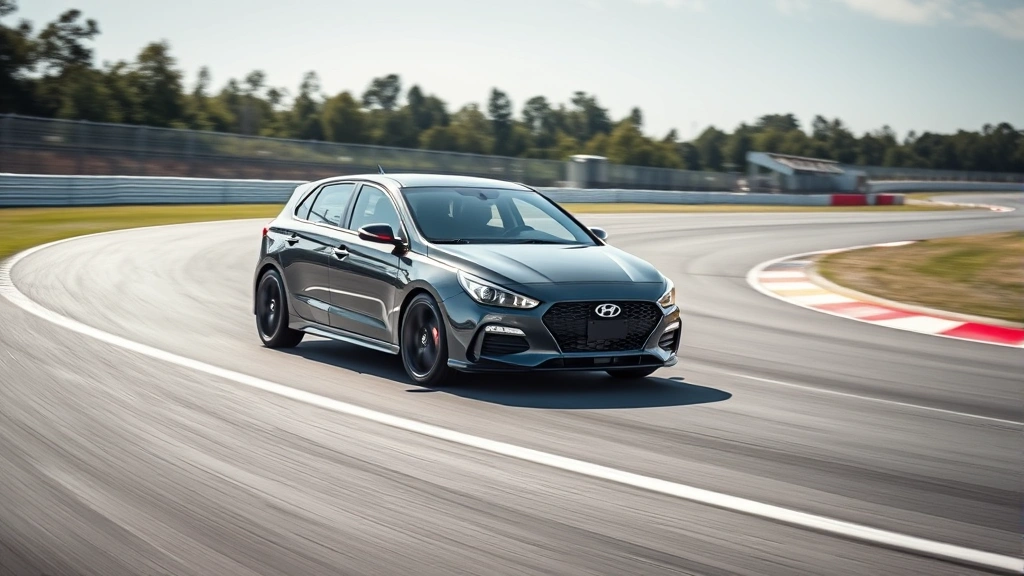 Hyundai Elantra N hatchback with aggressive styling on race track, dynamic motion, professional motorsport setting without text