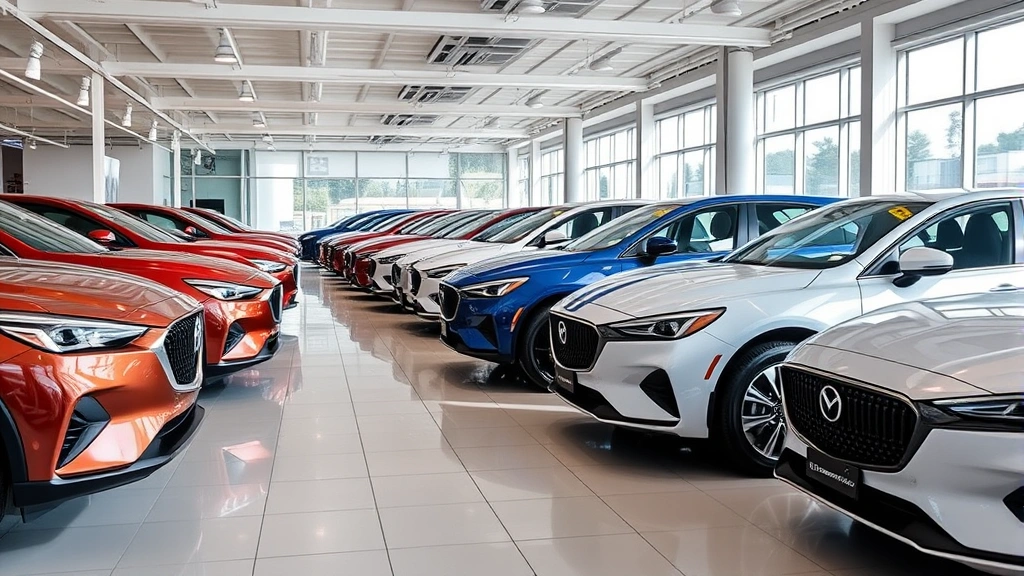 Multiple 2024 sedans lined up in dealer showroom, various colors and trim levels, modern showroom interior with bright lighting, wide-angle perspective showing lineup diversity
