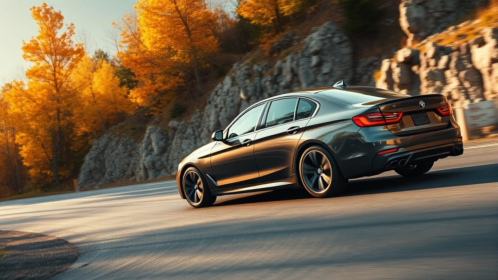 Midsize performance sedan cornering sharply on mountain road with autumn foliage, dynamic driving angle, professional lighting emphasizing aggressive body lines and wheel design, clear weather conditions