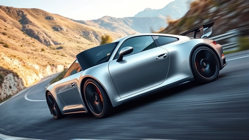Dynamic low-angle side profile of a silver Porsche 911 Carrera T on a winding mountain road with blurred background, emphasizing aerodynamic design and performance stance