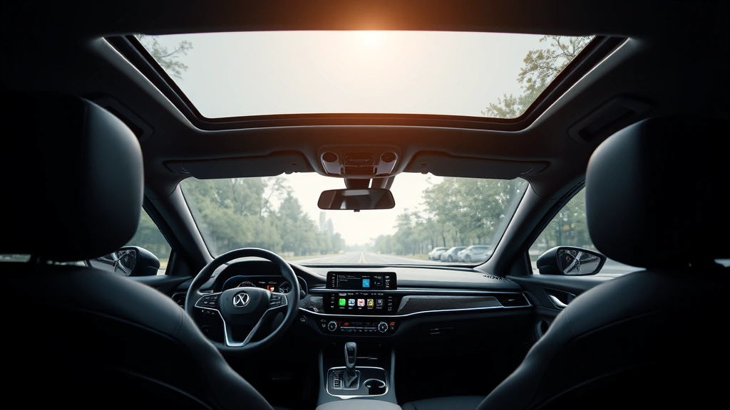 Modern sedan interior dashboard featuring digital touchscreen infotainment system, leather steering wheel, ambient lighting, and panoramic sunroof with natural daylight streaming through