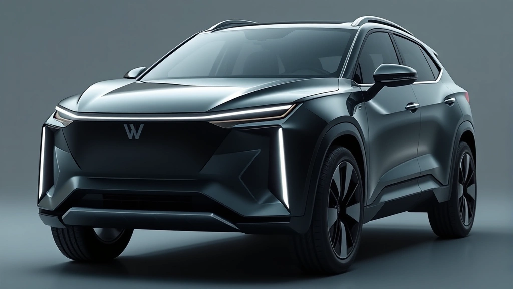 Modern electric SUV with futuristic design elements, minimalist front fascia, aerodynamic body lines, showcasing advanced battery technology through sleek proportions, contemporary automotive styling