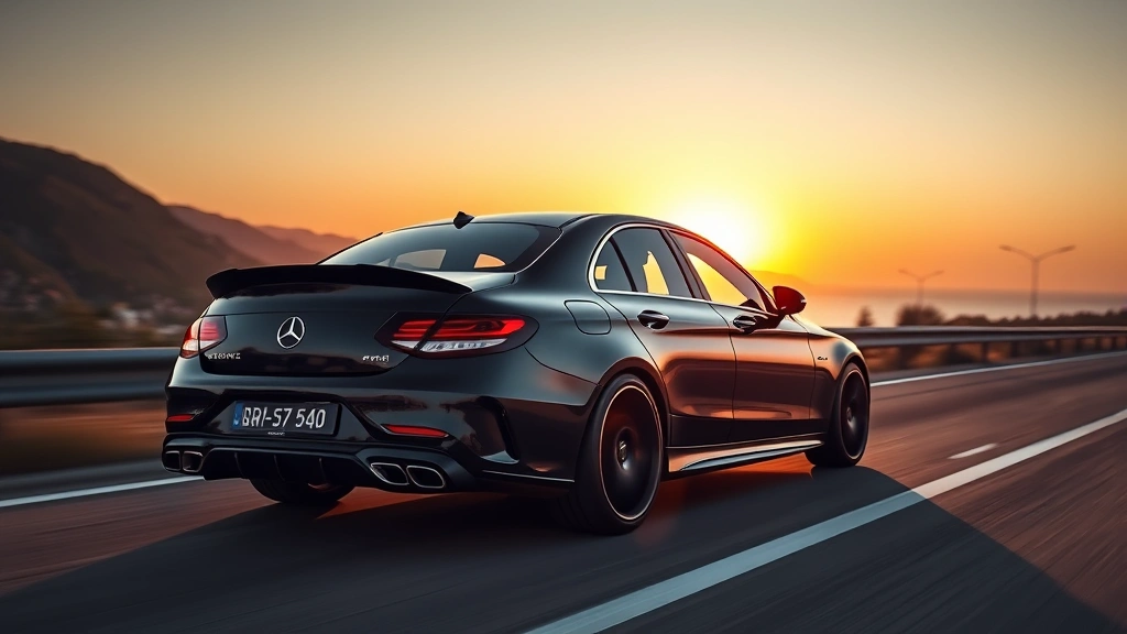 Mercedes-AMG C63 S sedan in midnight black, captured during sunset with golden hour lighting, emphasizing sleek body lines, quad exhaust tips, and performance-oriented AMG design elements on a coastal highway