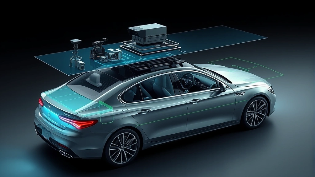 Advanced autonomous vehicle sensor array including LiDAR, cameras, and radar equipment mounted on a luxury sedan, detailed technical visualization of sensor placement and coverage areas