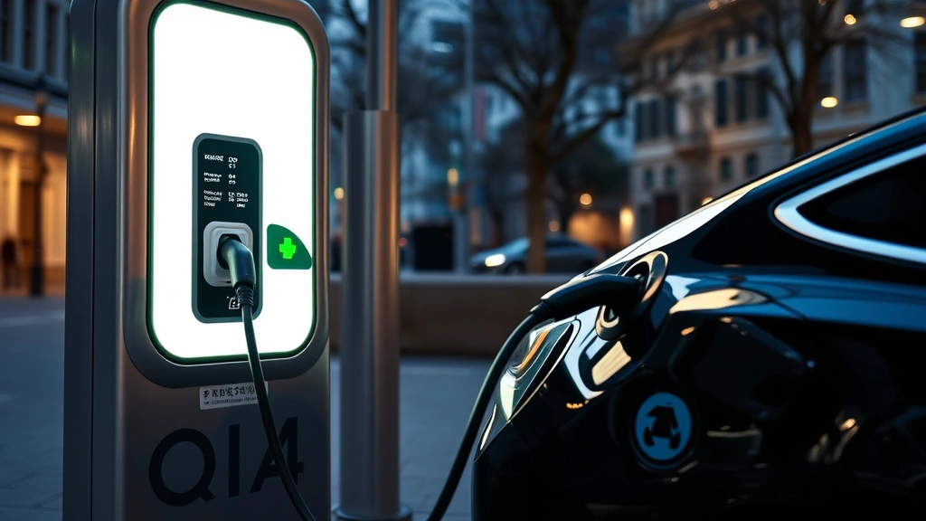 Electric vehicle charging at modern public charging station, illuminated screen, contemporary urban environment, daytime lighting, car plugged in with cable attached to charging port