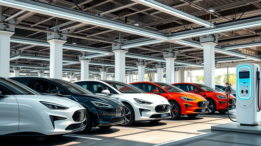 Modern electric vehicles lined up in charging station with advanced futuristic infrastructure, daylight, multiple color options visible, sleek design