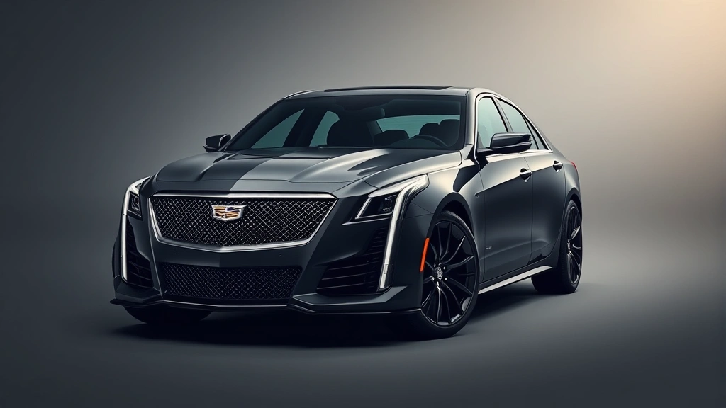 Muscular Cadillac CT5-V Blackwing in dark metallic gray, three-quarter front angle, aggressive stance, professional studio lighting emphasizing design details and performance character