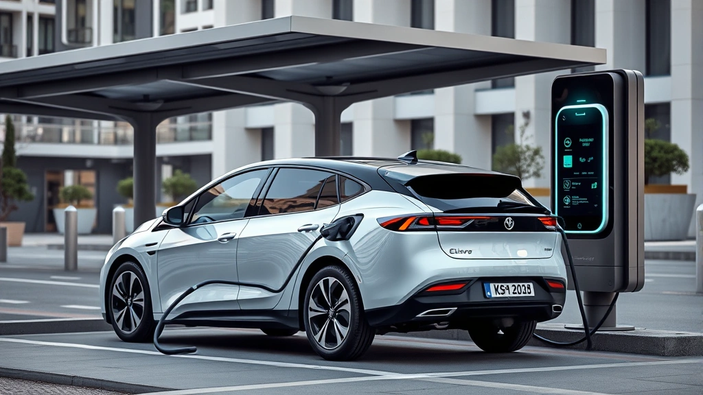 Electric vehicle charging at modern public station, sleek EV silhouette plugged in, contemporary charging infrastructure, urban setting with clean architecture background