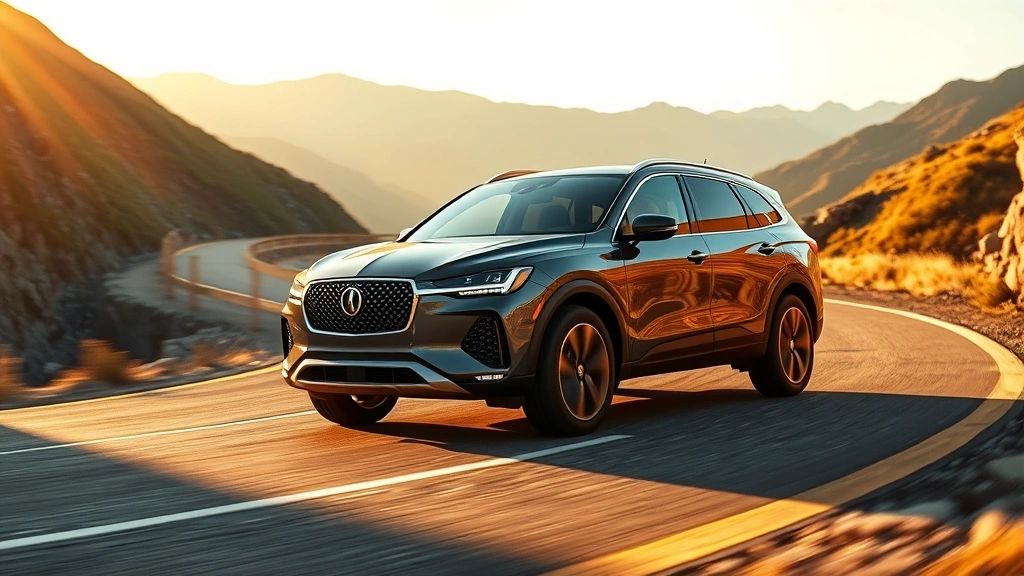 Three-row luxury crossover SUV in motion on winding mountain road, golden hour lighting, dynamic composition showing confident handling through curves, pristine condition with detailed focus on suspension geometry