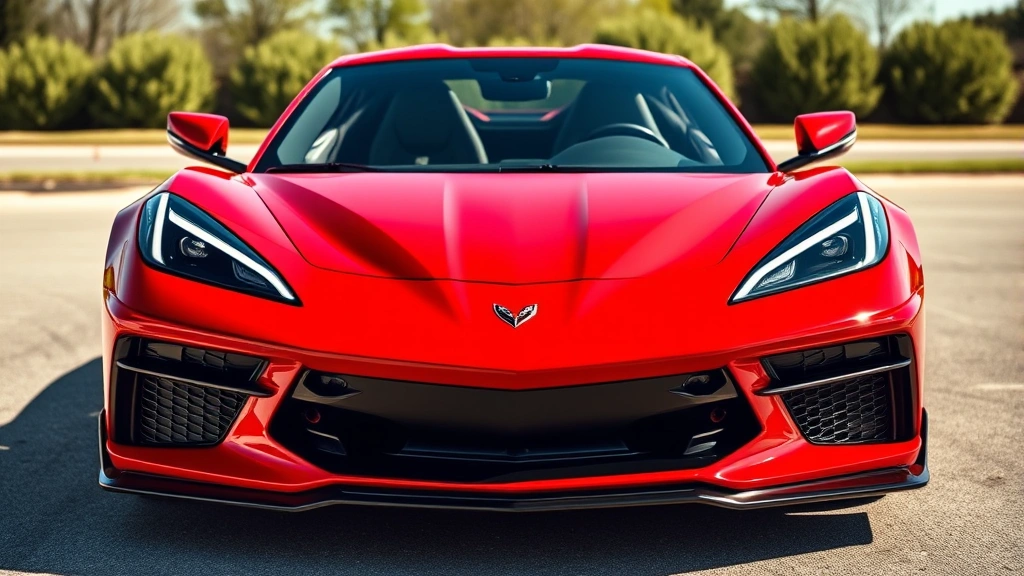 2024 Chevrolet Corvette Z06 in bright red, aggressive front three-quarter angle in sunlight, transparent engine cover visible, sleek performance body lines, outdoor setting