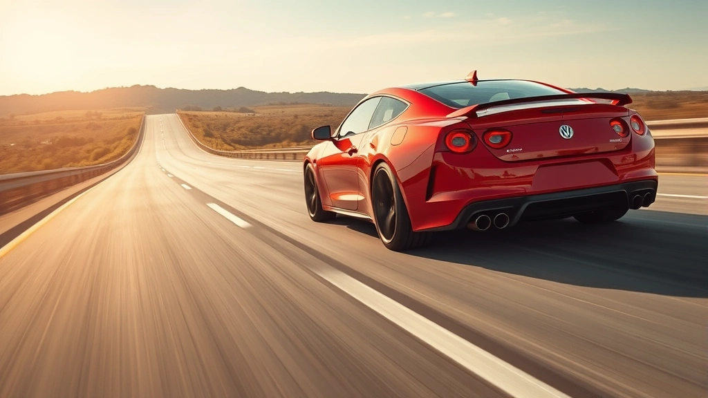 High-performance red sport sedan accelerating on empty highway with blurred background emphasizing motion and power