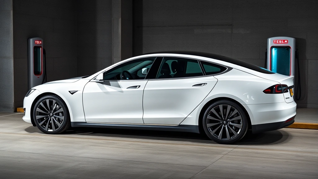 Tesla Model S Plaid electric sedan in pearl white multi-coat, shot from elevated angle showing sleek silhouette, minimalist design, modern charging station visible in background, contemporary setting
