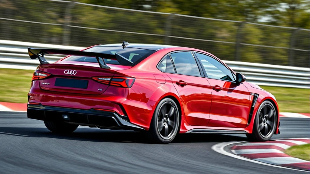 High-performance sedan captured mid-corner on racetrack, dynamic body positioning, motion blur background, clear visibility of suspension and wheel design, professional motorsport photography