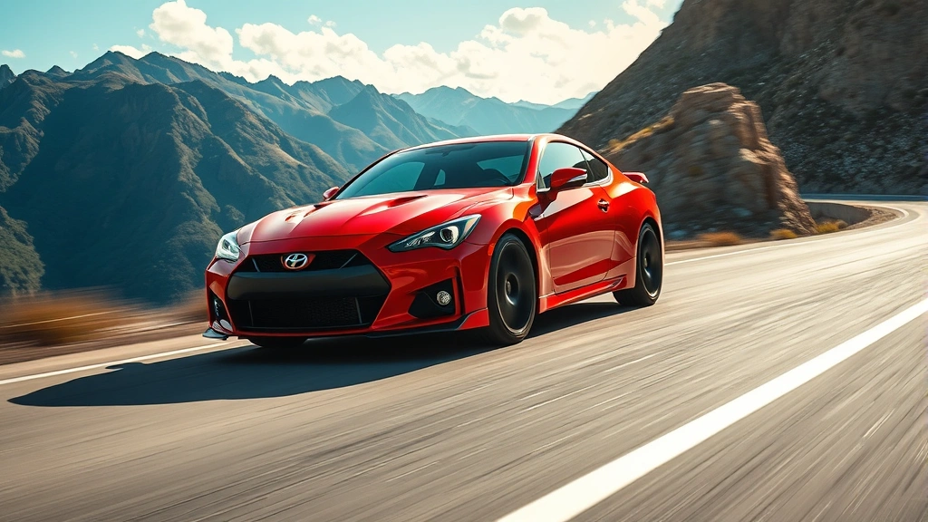 Bright red sport sedan accelerating on open mountain road, dynamic motion photography, vibrant landscape background, professional automotive lighting and composition