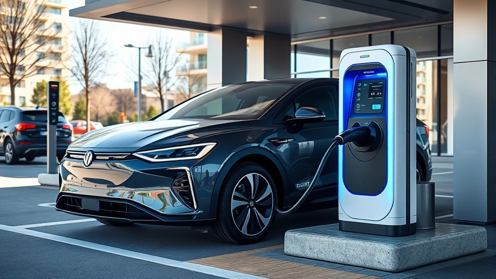 Electric vehicle charging at modern public charging station, sleek EV design, contemporary urban setting with clean lines, bright daylight, premium automotive imagery