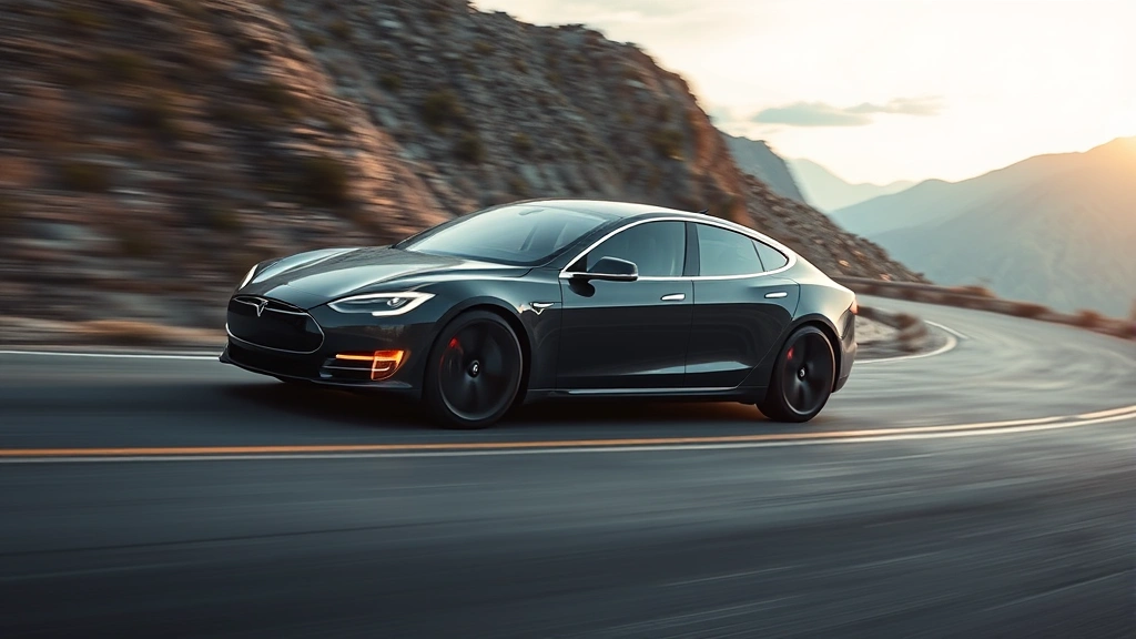 Tesla Model S Plaid electric sedan in motion on winding mountain road, dynamic driving angle, futuristic design language, modern LED lighting, landscape scenery, professional automotive photography