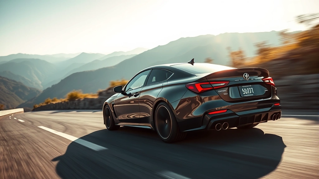 High-performance sport sedan dynamic driving shot on mountain road with blurred scenery, dramatic side profile angle, natural sunlight, professional automotive photography