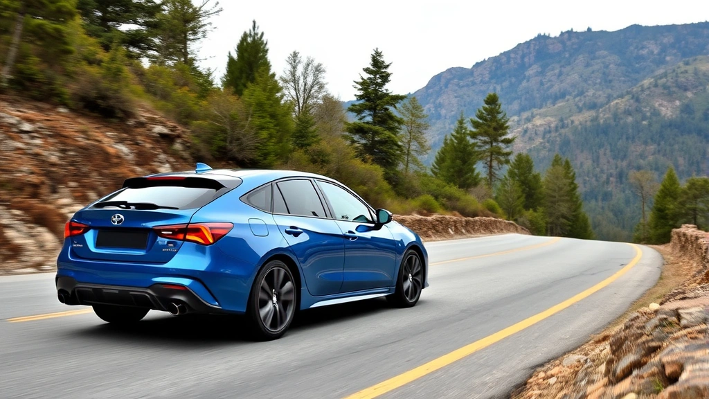 Blue mid-range sport sedan photographed from side profile on winding mountain road, demonstrating dynamic handling position with trees in background, no text overlay