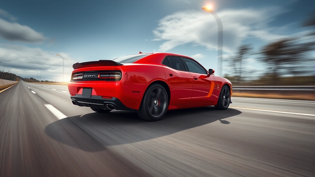 Red performance sedan accelerating on open highway, dynamic motion blur background, muscular body lines emphasized, professional automotive photography