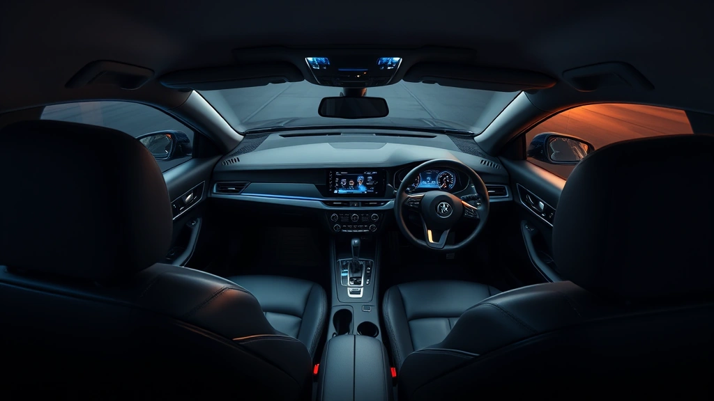 Overhead interior shot of a modern sedan cabin featuring premium leather seats, dual-screen digital dashboard, ambient lighting, and steering wheel details, clean minimalist design aesthetic