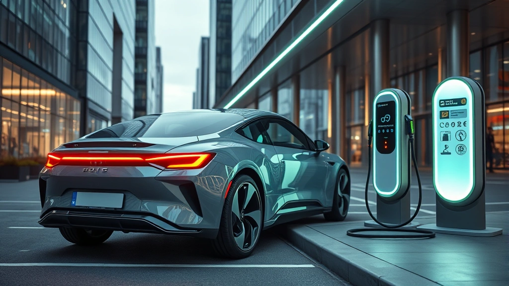 Futuristic electric vehicle charging at public station with glowing indicator lights, modern urban setting with glass buildings, clean aesthetic composition