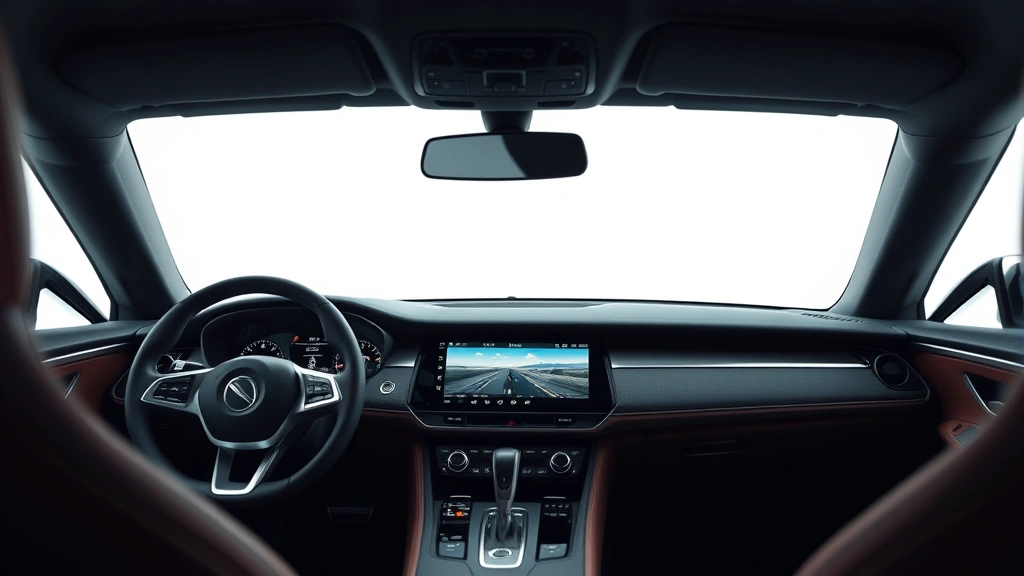 Luxury sports car interior dashboard featuring minimalist touchscreen interface and premium sustainable materials, ambient lighting, close-up detail shot