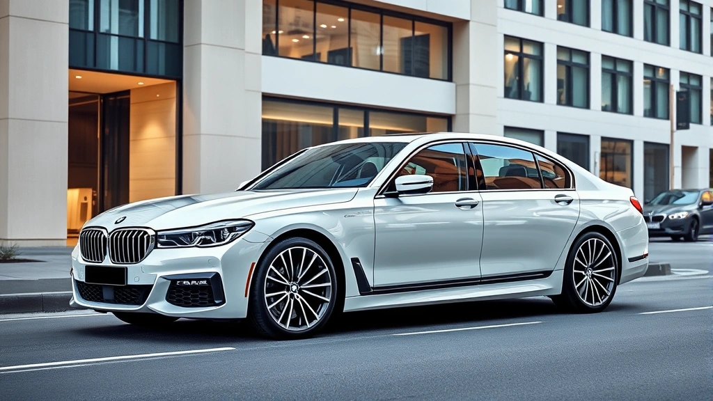 Luxury BMW M760i xDrive sedan in pearl white, photographed on an upscale urban street with modern architecture, emphasizing elegant proportions, premium materials visible through windows, and sophisticated design language