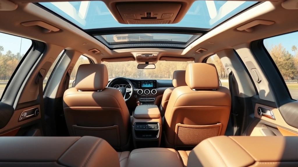 Spacious three-row SUV interior displaying leather seating, dashboard technology, and panoramic sunroof, neutral natural lighting showcasing premium materials and ergonomic design
