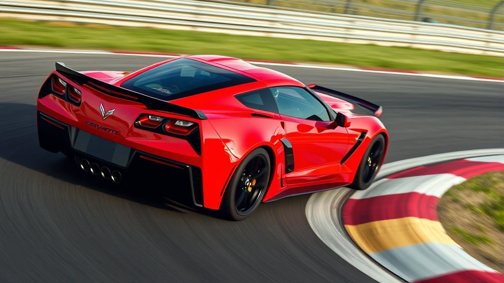 Mid-engine Chevrolet Corvette Z06 sports car in torch red, captured during dynamic cornering on a professional race track, demonstrating aerodynamic bodywork and track-focused engineering