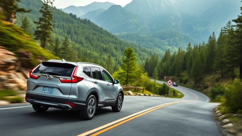 Honda CR-V compact crossover in silver driving on winding mountain road with green forest scenery, dynamic motion shot, natural lighting