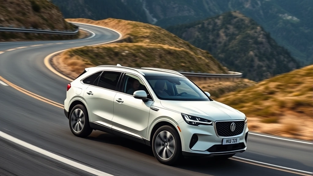 High-performance luxury SUV in pearl white color driving on winding mountain road, demonstrating athletic stance and modern design language, dynamic driving scene