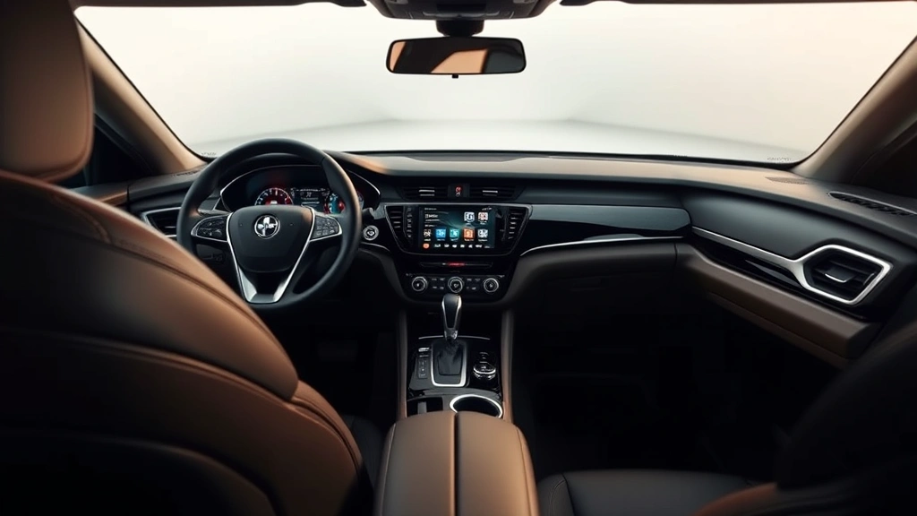 luxury sedan interior dashboard, premium leather seats, modern infotainment touchscreen display, soft ambient lighting, high-quality materials visible, steering wheel detail, professional studio lighting