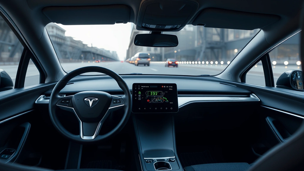 Electric vehicle dashboard and steering wheel interior, minimalist design, digital display showing battery level and range, premium cabin materials