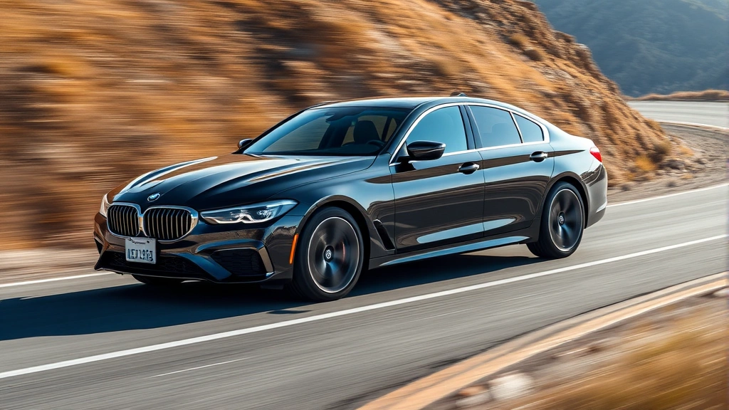 Dynamic action shot of premium sedan cornering on mountain road with blurred landscape background, showcasing responsive handling and athletic posture