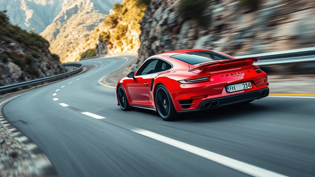 Porsche 911 Turbo sports car on winding mountain road, red exterior, dynamic motion photography, perfectly composed automotive shot, professional track setting