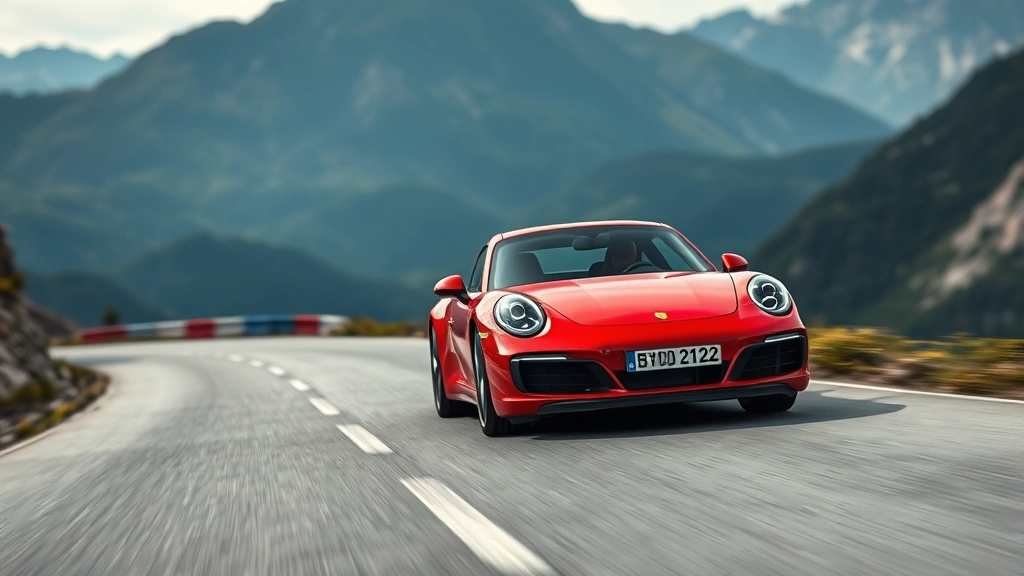 Red Porsche 911 Carrera on a winding mountain road, dynamic composition showing the sports car from a three-quarter front angle with mountains blurred in background