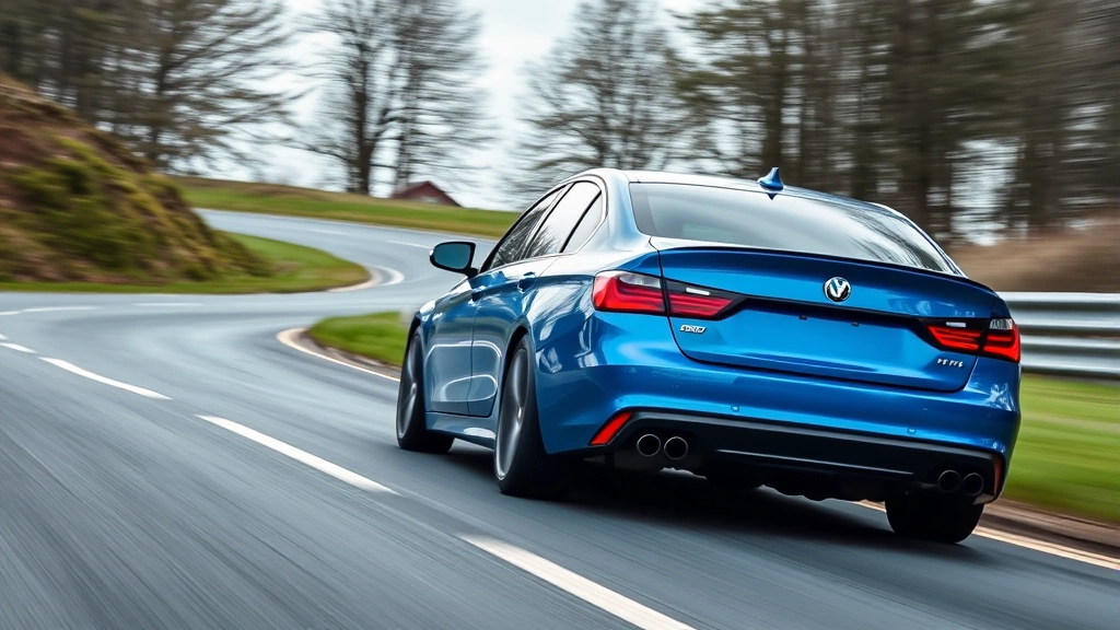 Blue metallic performance sedan cornering on winding road with precision, dynamic motion blur, professional track photography, no visible text or badges on vehicle