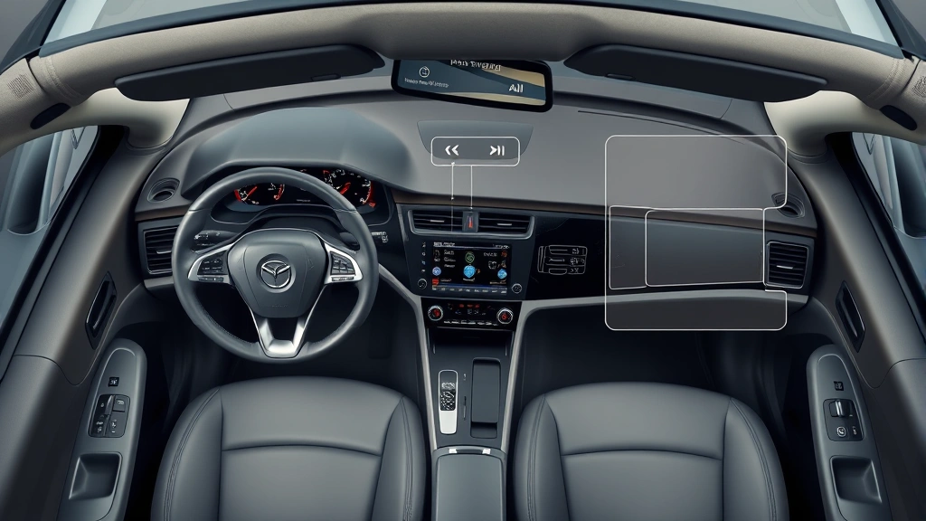 Detailed overhead view of vehicle interior showing ergonomic dashboard layout, steering wheel controls, and infotainment system interface design