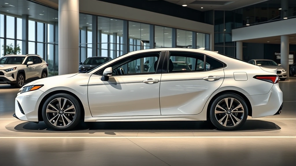 2024 Toyota Camry hybrid sedan parked in upscale dealership lot, pearl white finish, side profile showing elegant proportions, professional lighting, contemporary architecture setting, premium appearance