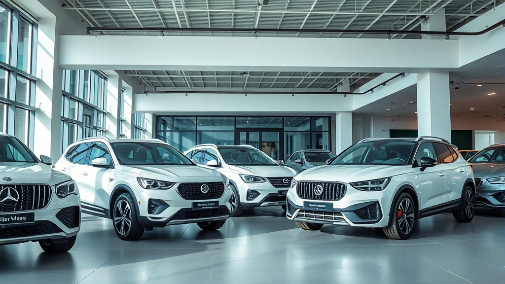 Modern car showroom interior with luxury and practical vehicles displayed, representing diverse vehicle categories and customer preferences