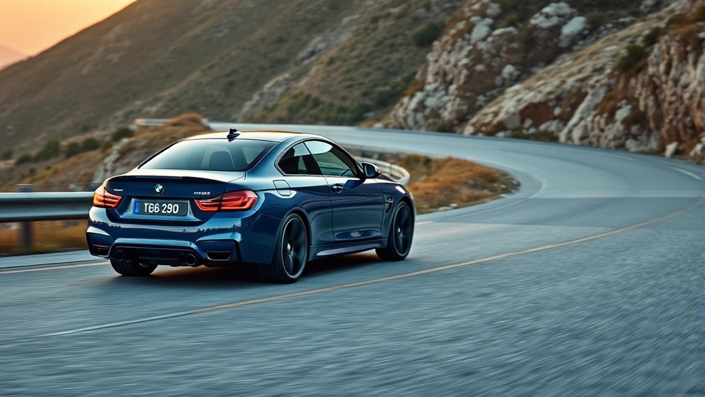 BMW M440i xDrive luxury sedan in dark blue metallic paint on winding mountain road, golden hour lighting, precision driving stance