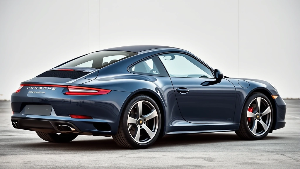 Porsche 911 Carrera S in midnight blue metallic, captured from elevated side profile showing the iconic sloping roofline and muscular rear quarter panel, parked on polished concrete surface with studio lighting